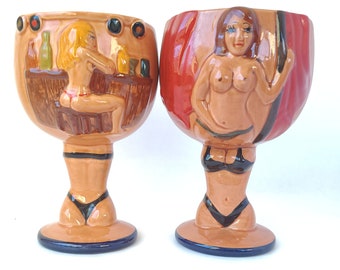 Set of 2 Vintage Ceramic Naughty Bar Girl Goblets - Mature Gift / Gag Gift / Bachelor Gift / Vintage Kitsch / Vintage Bar