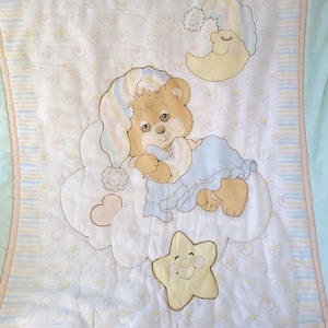 Vintage 1980's Teddy Beddy Bear Baby Blanket With Stars and Moon