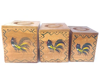 Set of 3 Vintage Woodpecker Woodware Canisters - Made in Japan - Mid Century Kitchen / Vintage Kitchen / Vintage Canisters / Wood Canisters