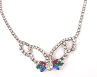 Vintage Rhinestone Necklace in White with Blue, Red and Green Accents - Vintage Costume Jewelry / Vintage Necklace