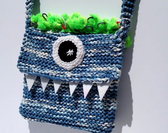 Bolsa de Monstro Ciclope Engraçado - Corpo Azul com Cabelo Chenille Verde - Presente Divertido para Crianças / Bolsa Ciclope / Bolsa Engraçada / Bolsa Infantil / Bolsa Monstro