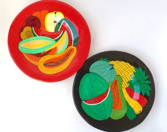 Set of 2 Vintage Mexican Fruit and Vegetable Hand Painted Clay Plate Wall Hangings - Vintage Mexico / Mexican Decor / Fruit Plates