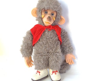 Vintage Plastic Face Furry Monkey Plush with Sneakers Made in Japan - 15 Inches / Rubber Face Plush / Vintage Plush Monkey / Kitschy Cute