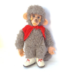 Vintage Plastic Face Furry Monkey Plush with Sneakers Made in Japan 15 Inches / Rubber Face Plush / Vintage Plush Monkey / Kitschy Cute image 1