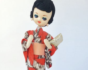 Vintage Big Eyes Japanese Doll in Kimono - Vintage Doll / Kimono Doll / Pose Doll / Kitschy Cute / Kitschy Doll / Japanese Fashion Doll