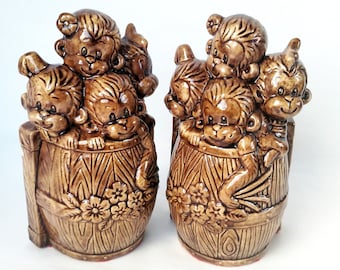 Vintage Ceramic Monkeys in a Barrel Bookends: Kitschy Nursery Decor, Set of 2