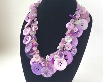 Upcycled Vintage Button Necklace in Purple and White - Statement Necklace / Chunky Necklace / Funky Necklace / Button Jewelry