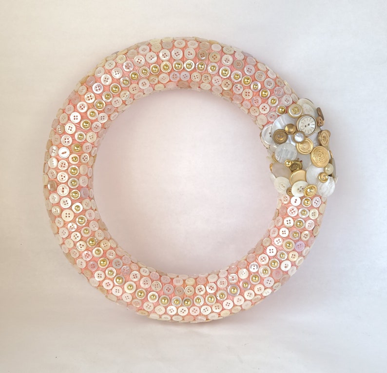 Vintage Button Wreath in Pink, White and Gold 12 Inch Button Decor / Sewing Room Wreath image 2