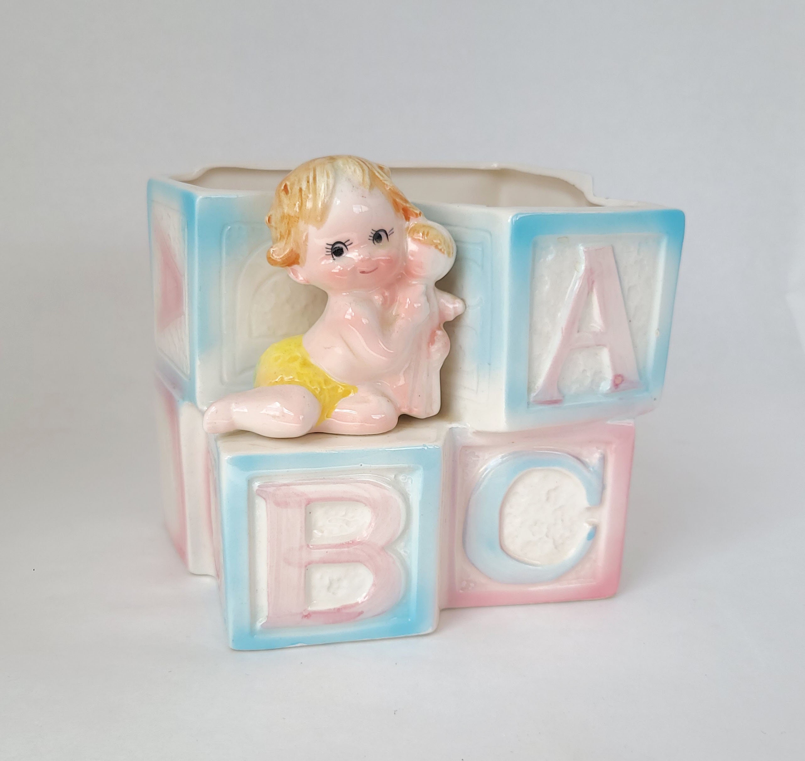アンティーク雑貨 Baby Block Kind Bear Vase Vintage Ceramic Baby Planter: Alphabet Block Nursery Decor - Made