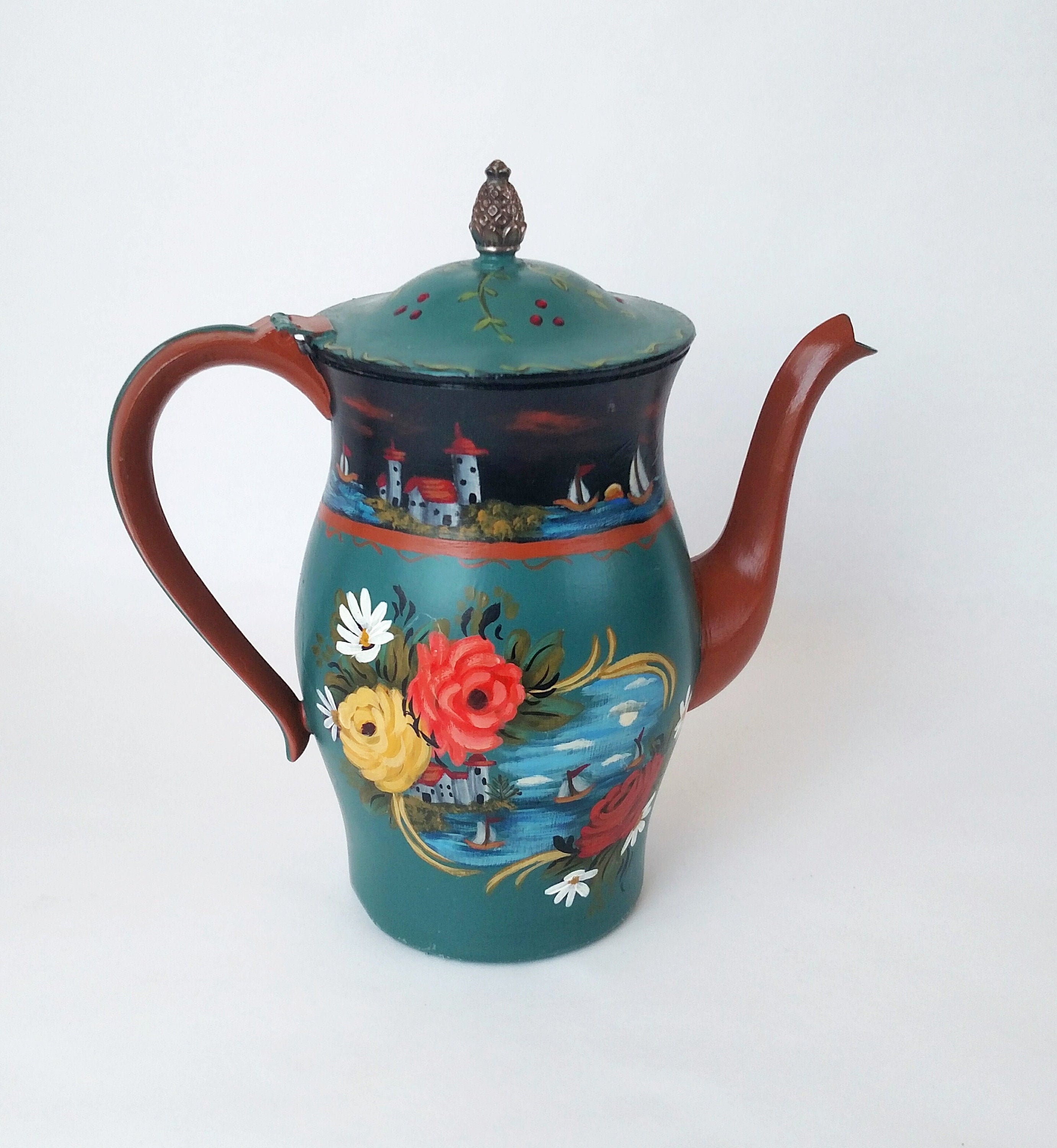 Vintage Hand Painted Decorative Tea Pot with Seaside Castle, Sailboats