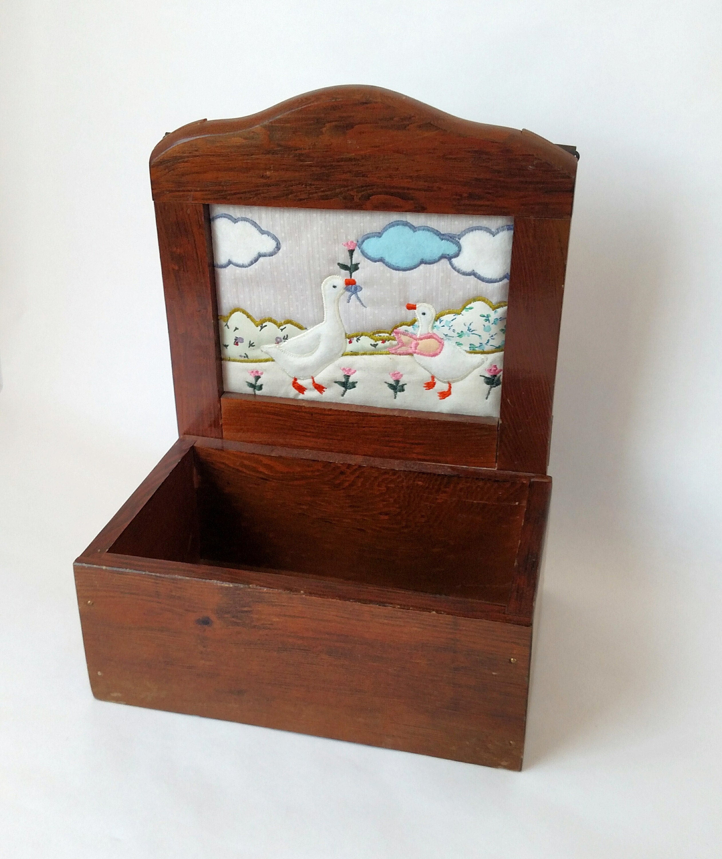 Vintage Wood Wall Pocket with Quilted Panel Featuring Cutesy Geese