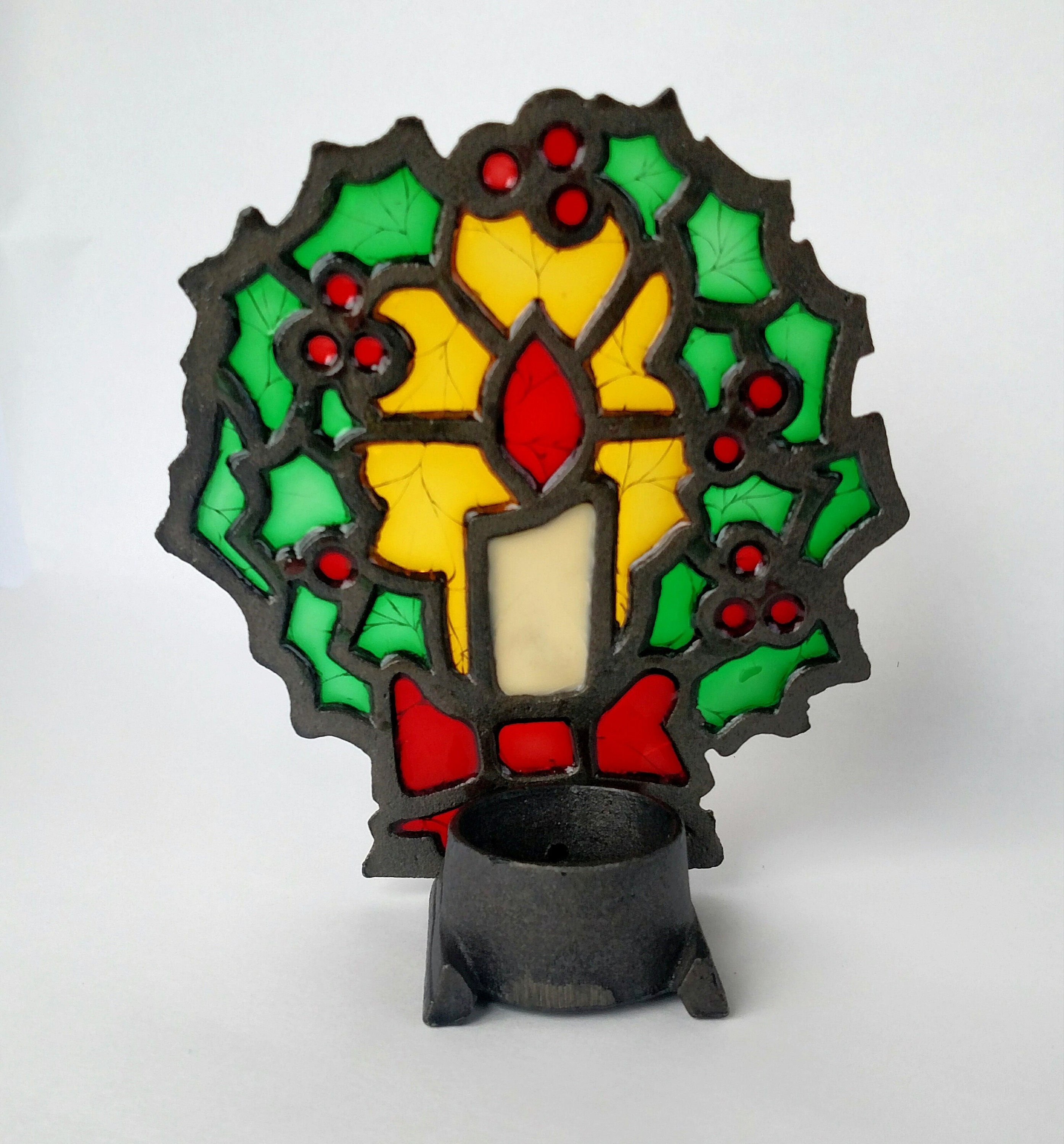Vintage Stained Glass Candle Holder of Christmas Wreath and Candle