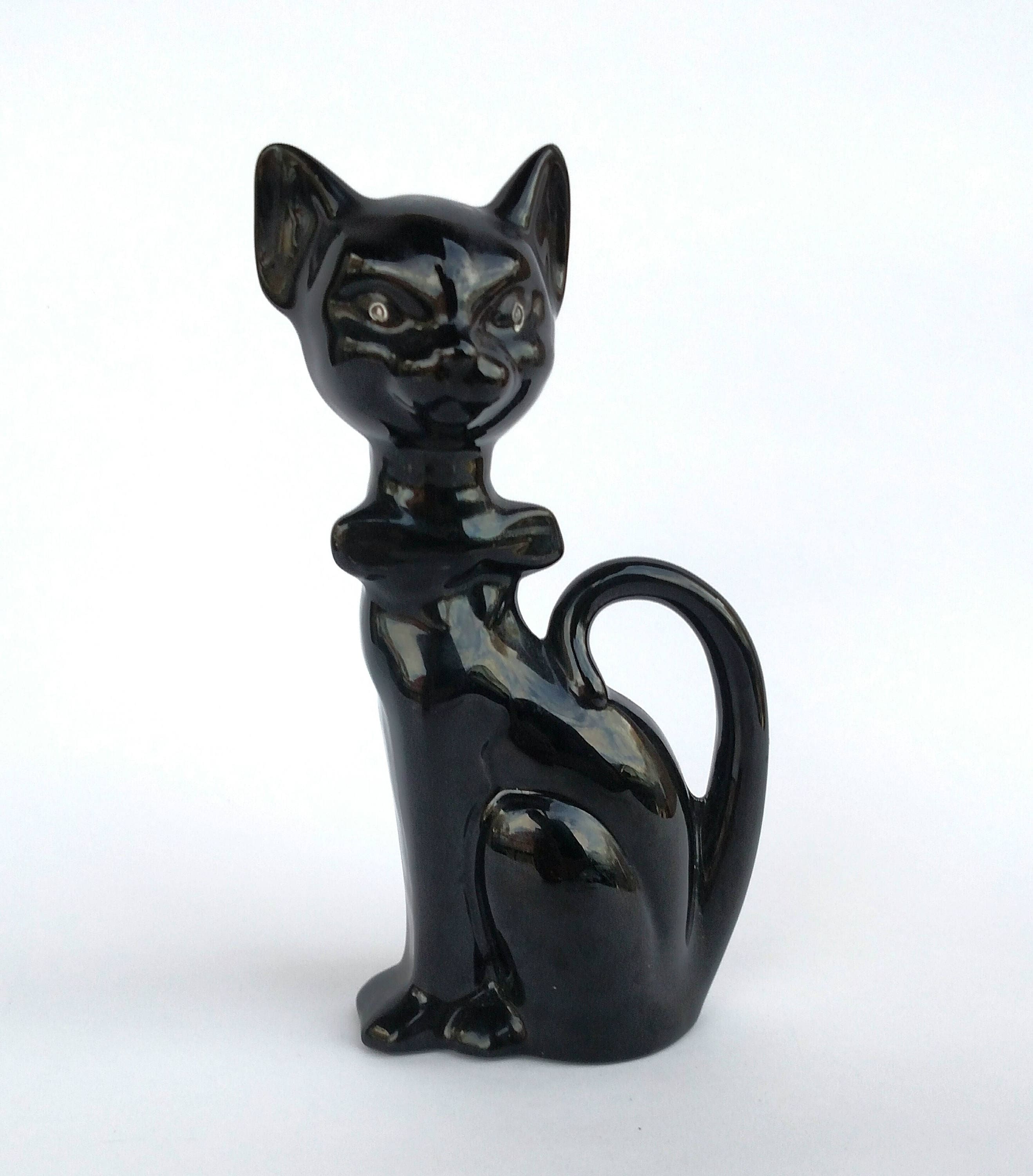 Vintage Ceramic Black Cat Figurine with Giant Bow Tie Vintage