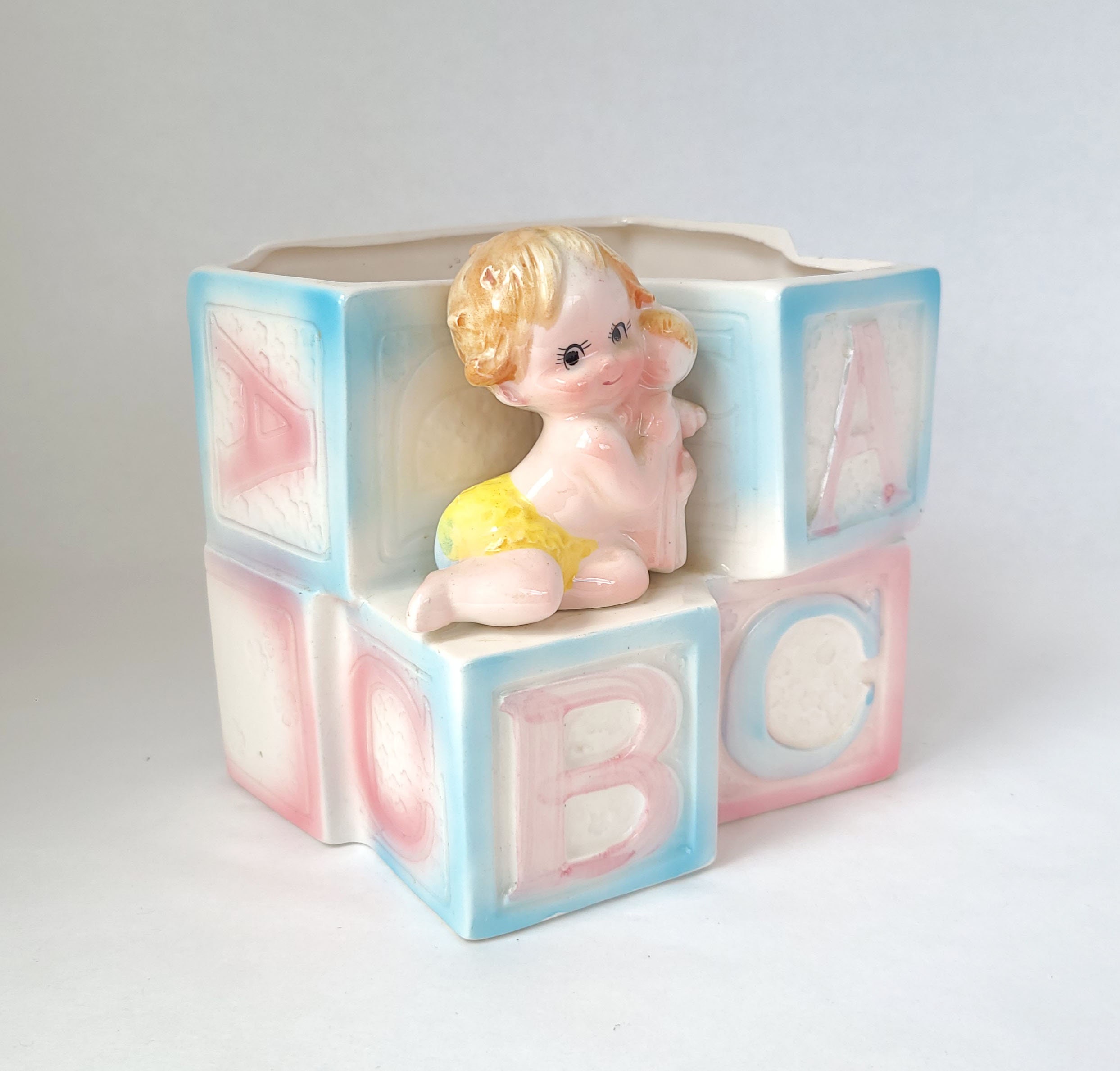 Vintage Ceramic Baby Planter: Alphabet Block Nursery Decor - Made