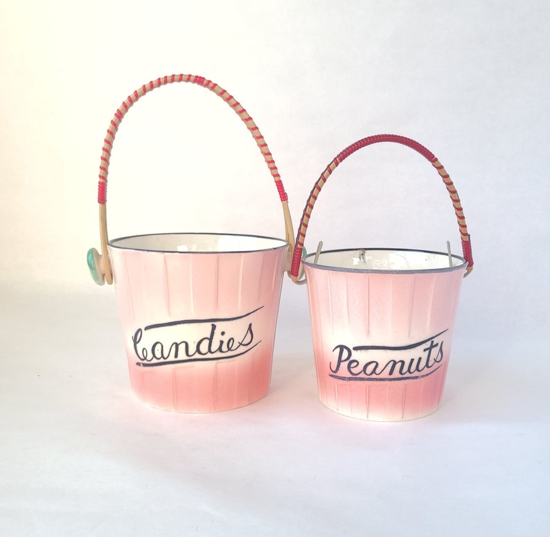 Set of 2 Vintage Ceramic Candies and Peanuts Buckets by Lipper Mann Vintage Kitsch / Kitschy Kitchen / Pink Kitchen image 2