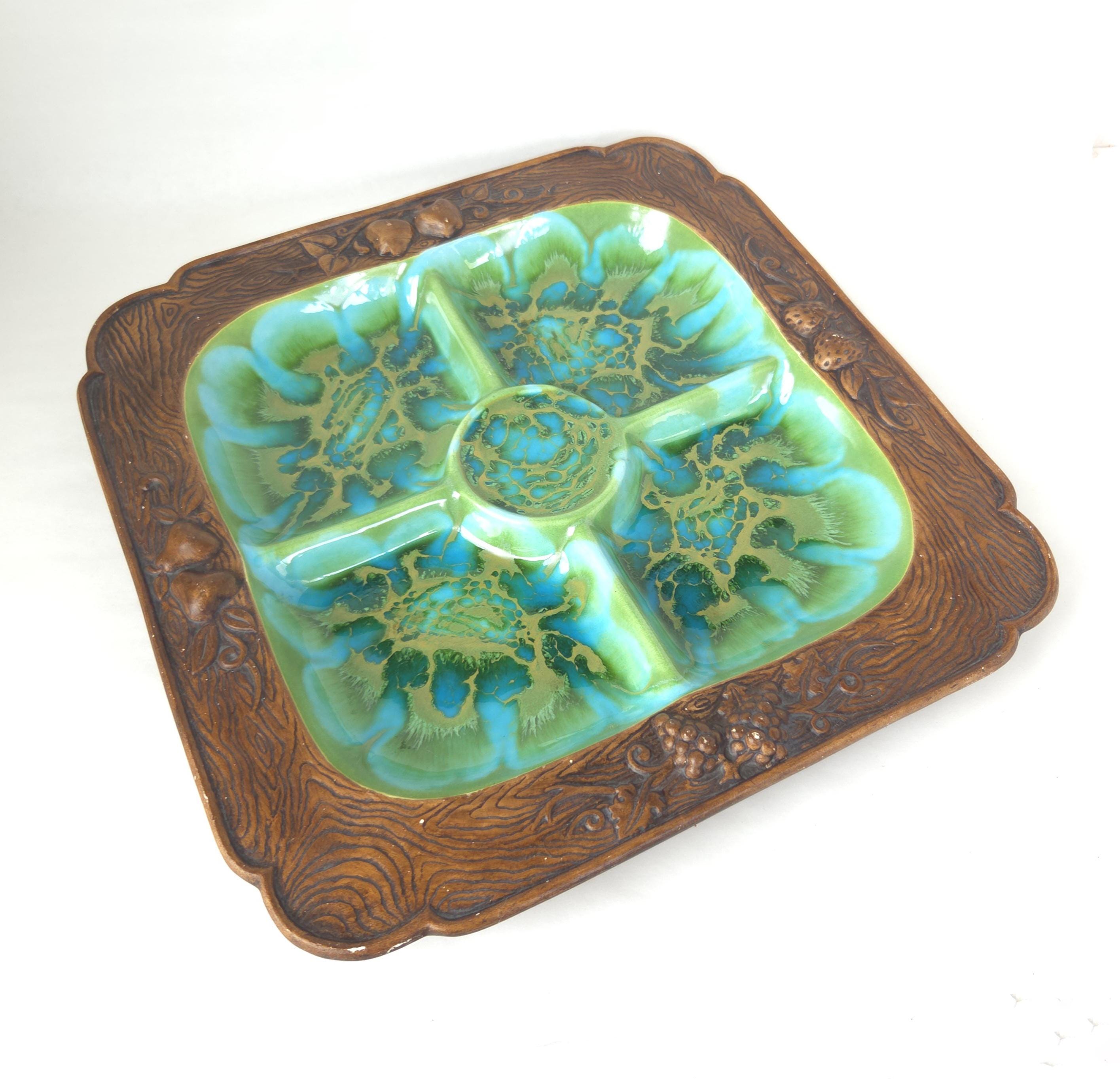1960's Treasure Craft 4 Section Tray in Turquoise and Green