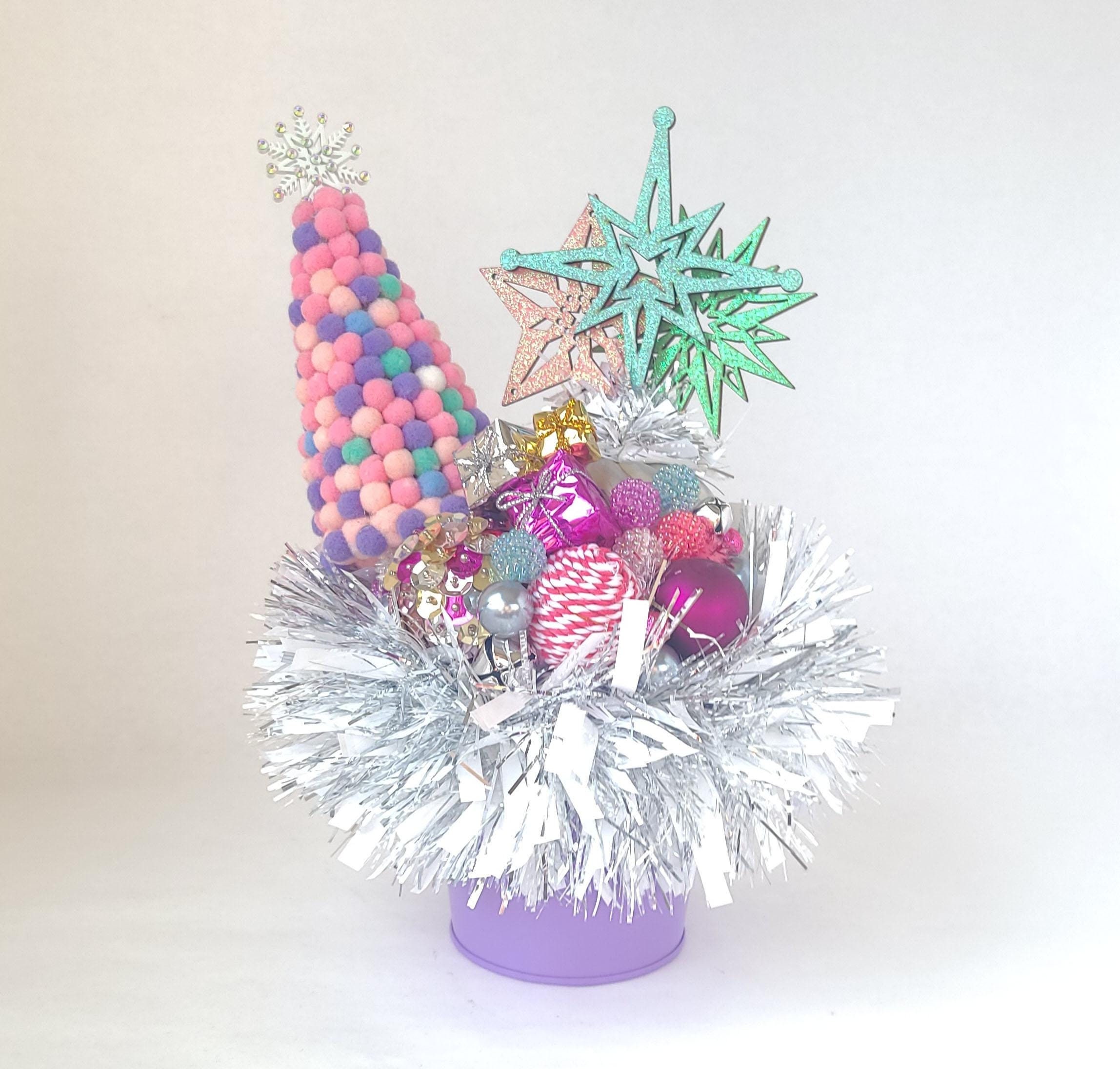 Christmas Centerpiece in Pink and Purple with Vintage Ornaments - Kitschy Christmas / Vintage Christmas