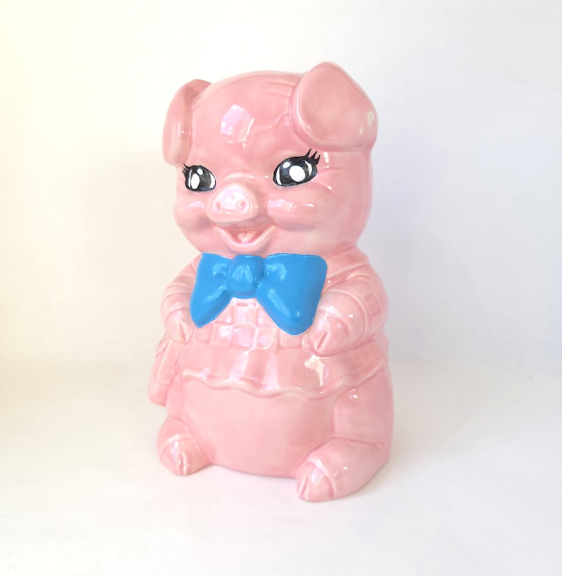 Vintage Large Ceramic Piggy Bank with Bowtie: Kitschy Decor image 3