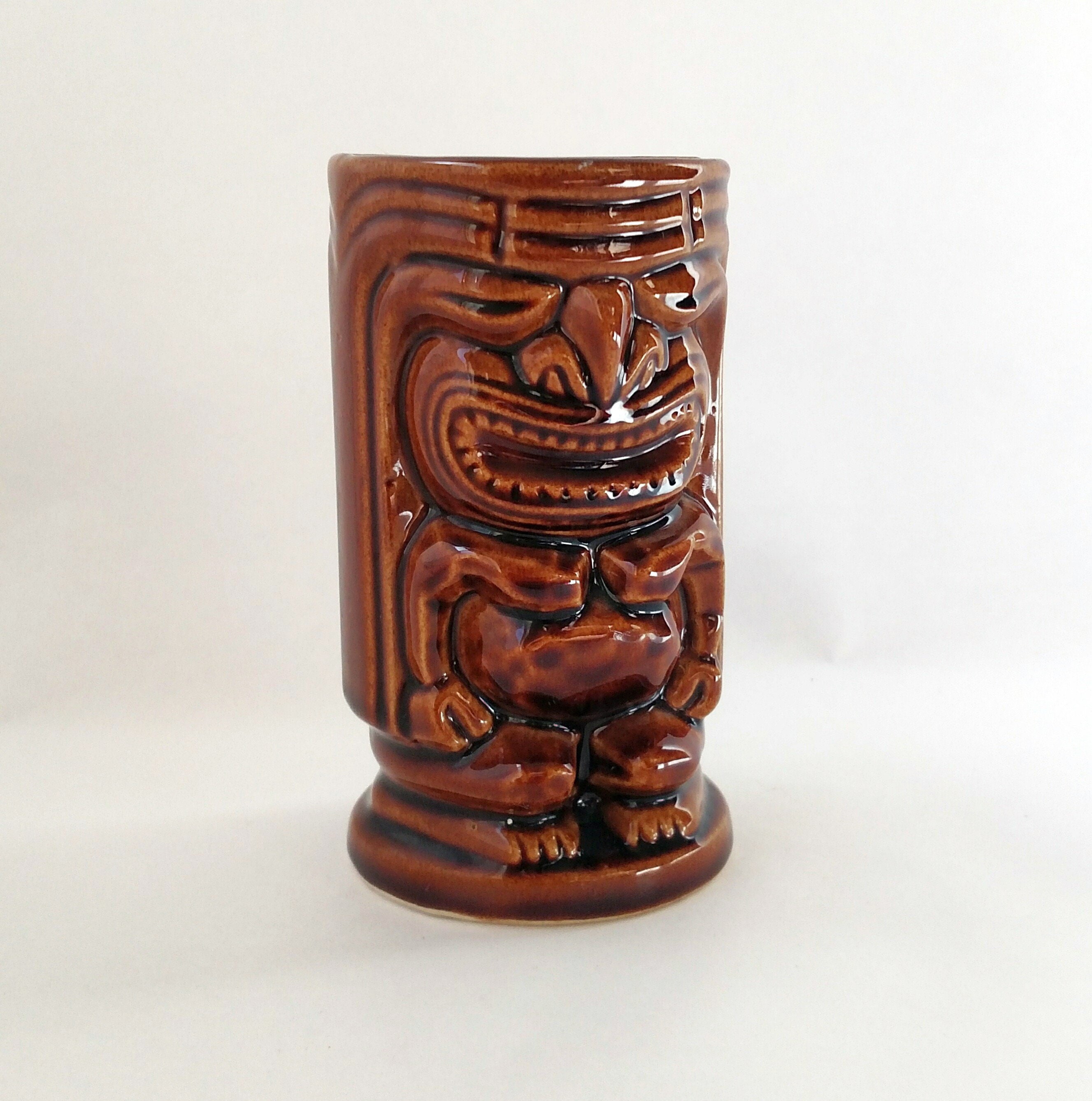 Vintage Brown Ceramic Tiki Mug by Orchids of Hawaii