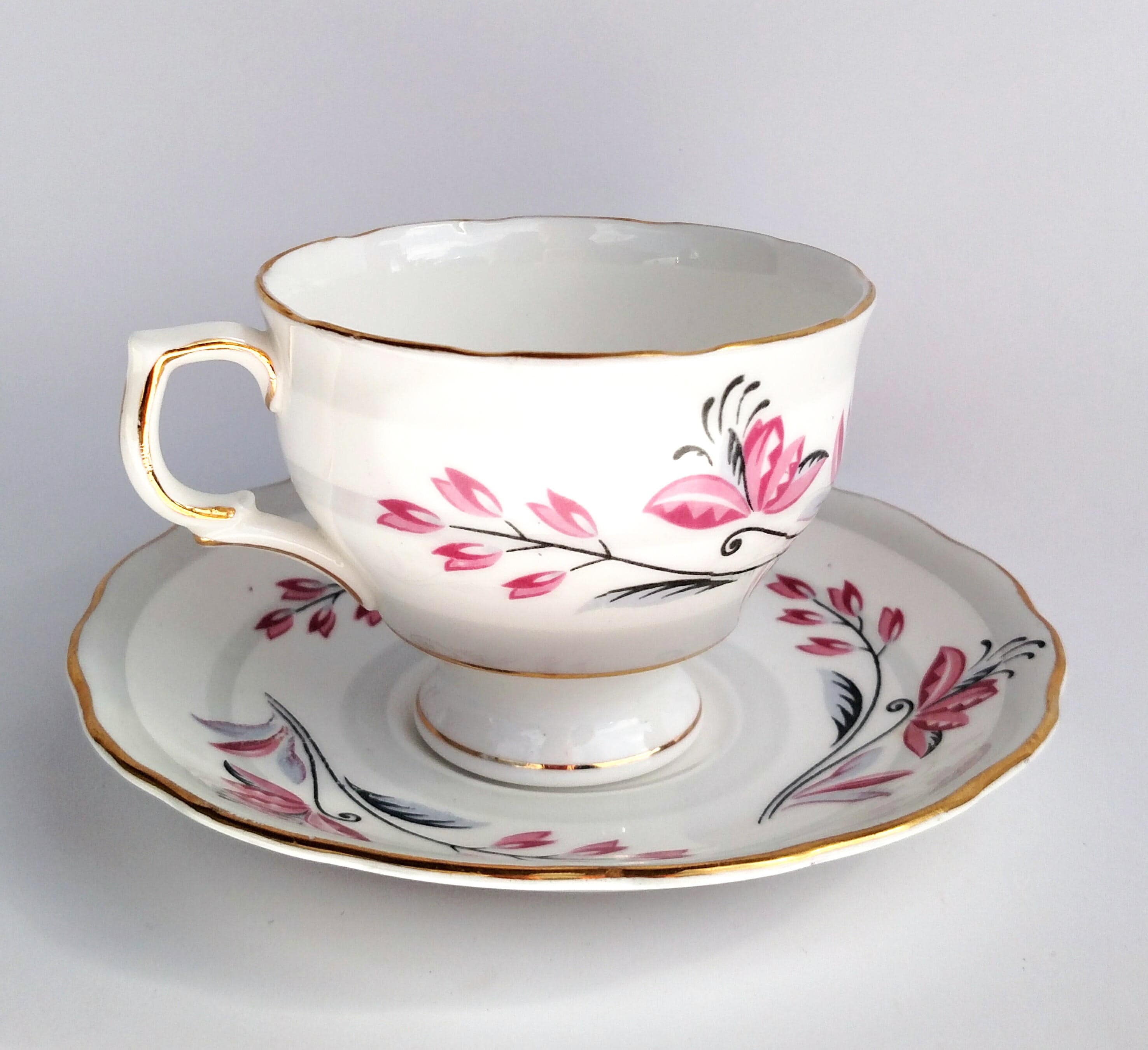 Vintage Colclough Bone China Tea Cup and Saucer Set in White with Pink