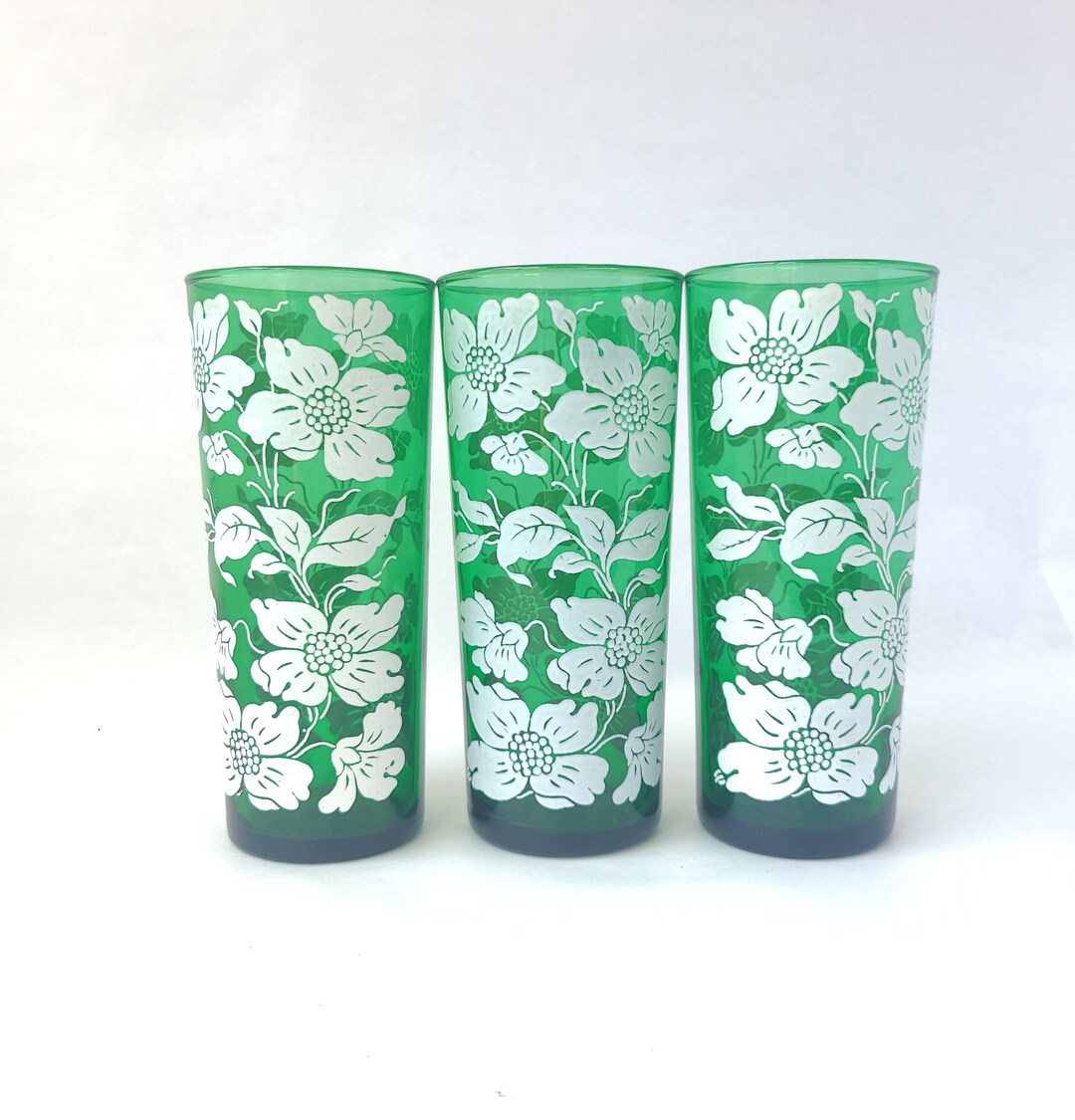 Set of 3 Vintage Green Glass Tumblers With White Dogwood Flowers Mid