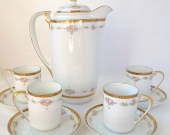 Vintage Noritake Nippon China Hot Chocolate Pot and Cups Set - Rose Design - Chocolate Set / Cocoa Set / Cocoa Pot / Teapot Set