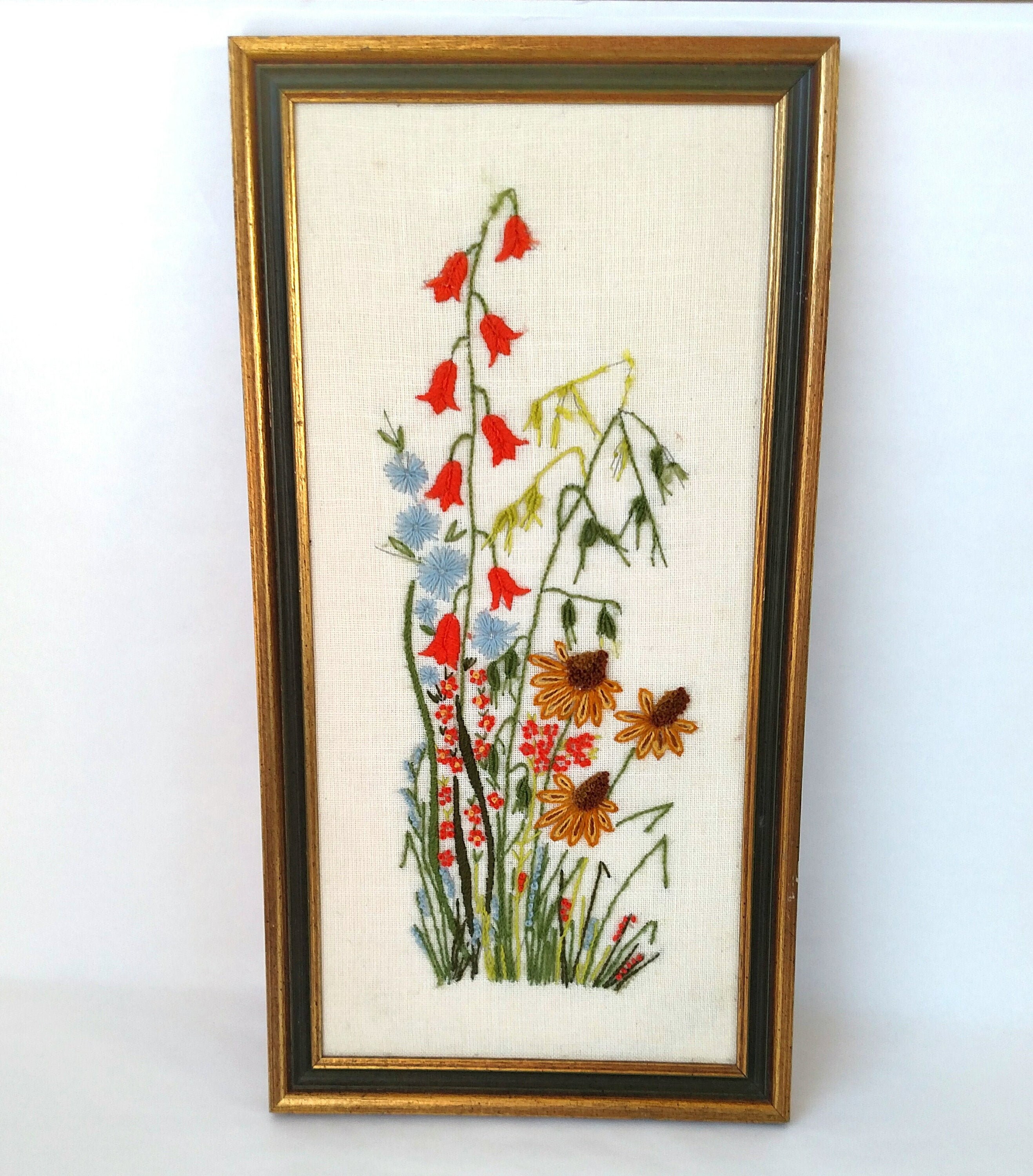 Vintage Framed Floral Crewel Embroidery