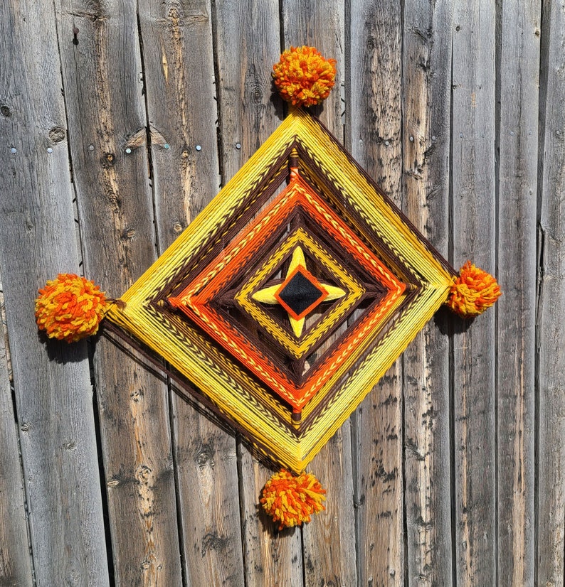 Vintage 1970's Yarn God's Eye in Orange, Brown and Yellow Ojo De Dios Vintage God's Eye / Seventies Wall Decor image 3