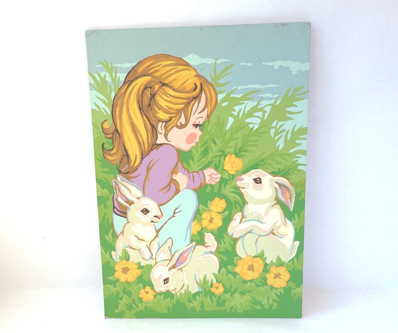 Vintage Paint By Number Girl with Rabbits Vintage Painting / Kitschy Cute / Vintage Nursery / Vintage Kitsch / Kitschy Painting image 1