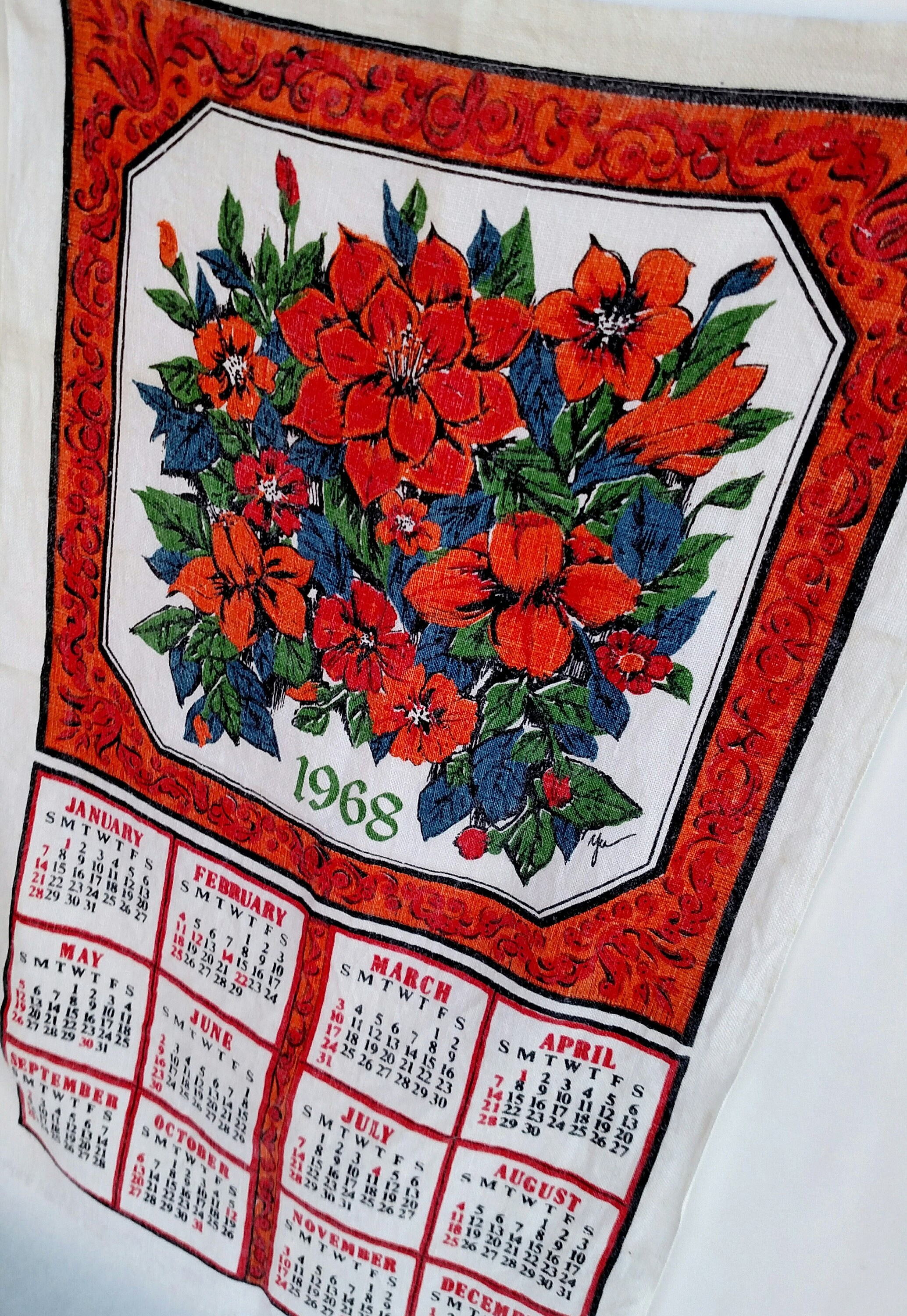 Vintage 1968 Linen Tea Towel Calendar with Framed Floral Design