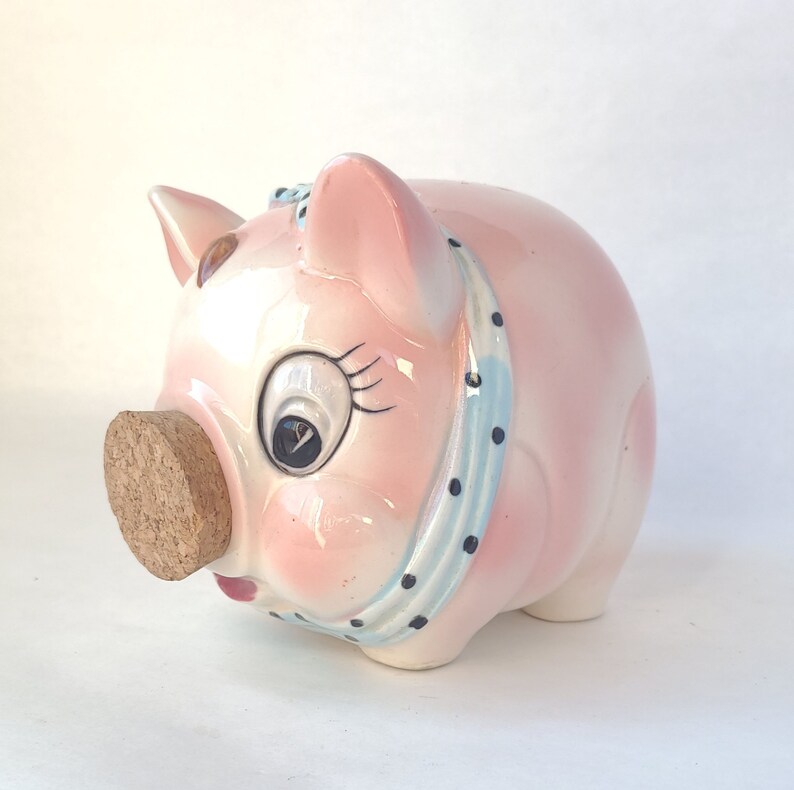 Vintage Cork Nose Piggy Bank in Pink and Blue Kitschy Cute / Kitschy Piggy Bank / Vintage Kitsch / Vintage Piggy Bank image 1