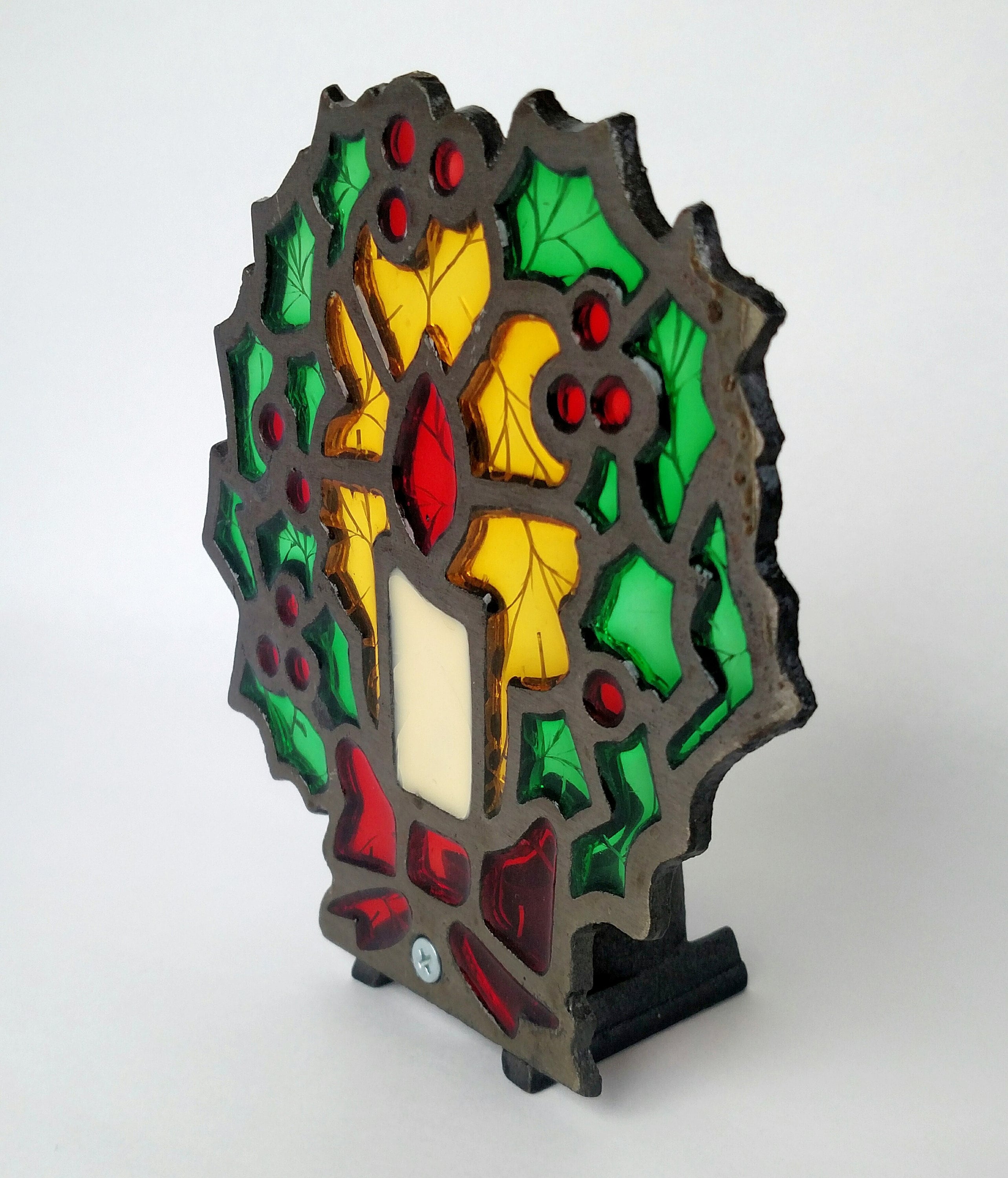 Vintage Stained Glass Candle Holder of Christmas Wreath and Candle