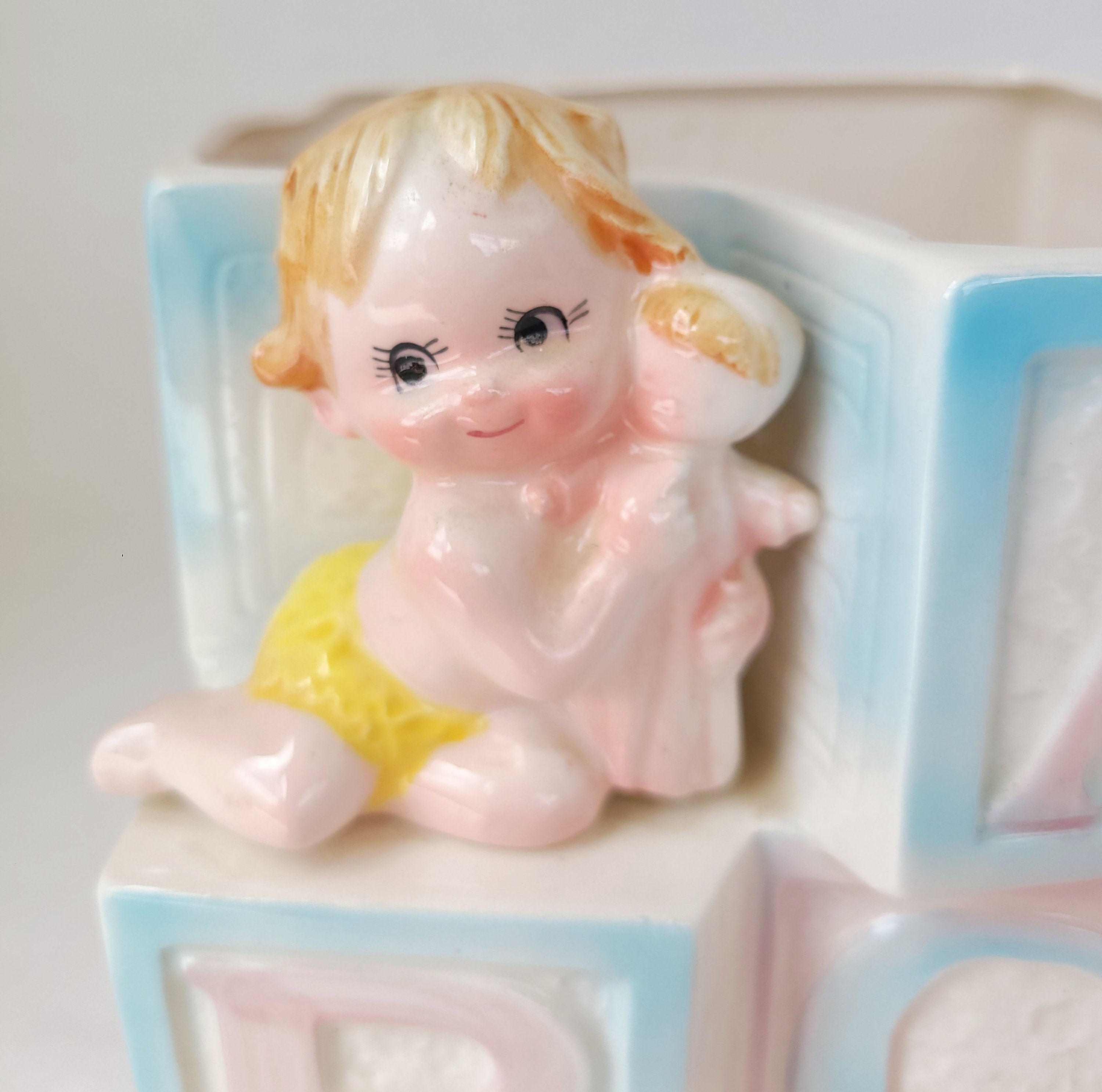 Vintage Ceramic Baby Planter: Alphabet Block Nursery Decor - Made