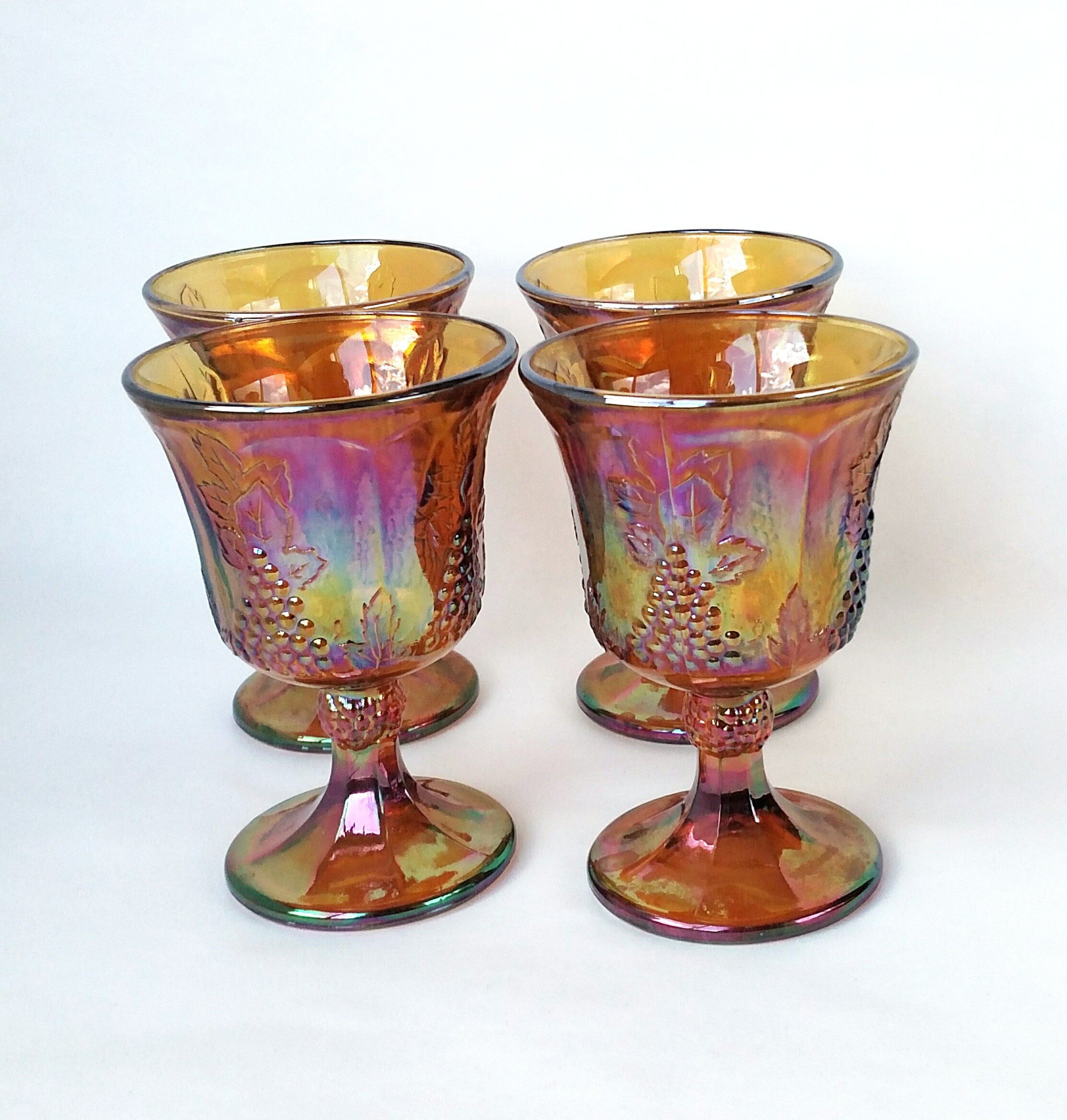 Set of 4 Vintage Marigold Carnival Glass Goblets with Harvest Grape