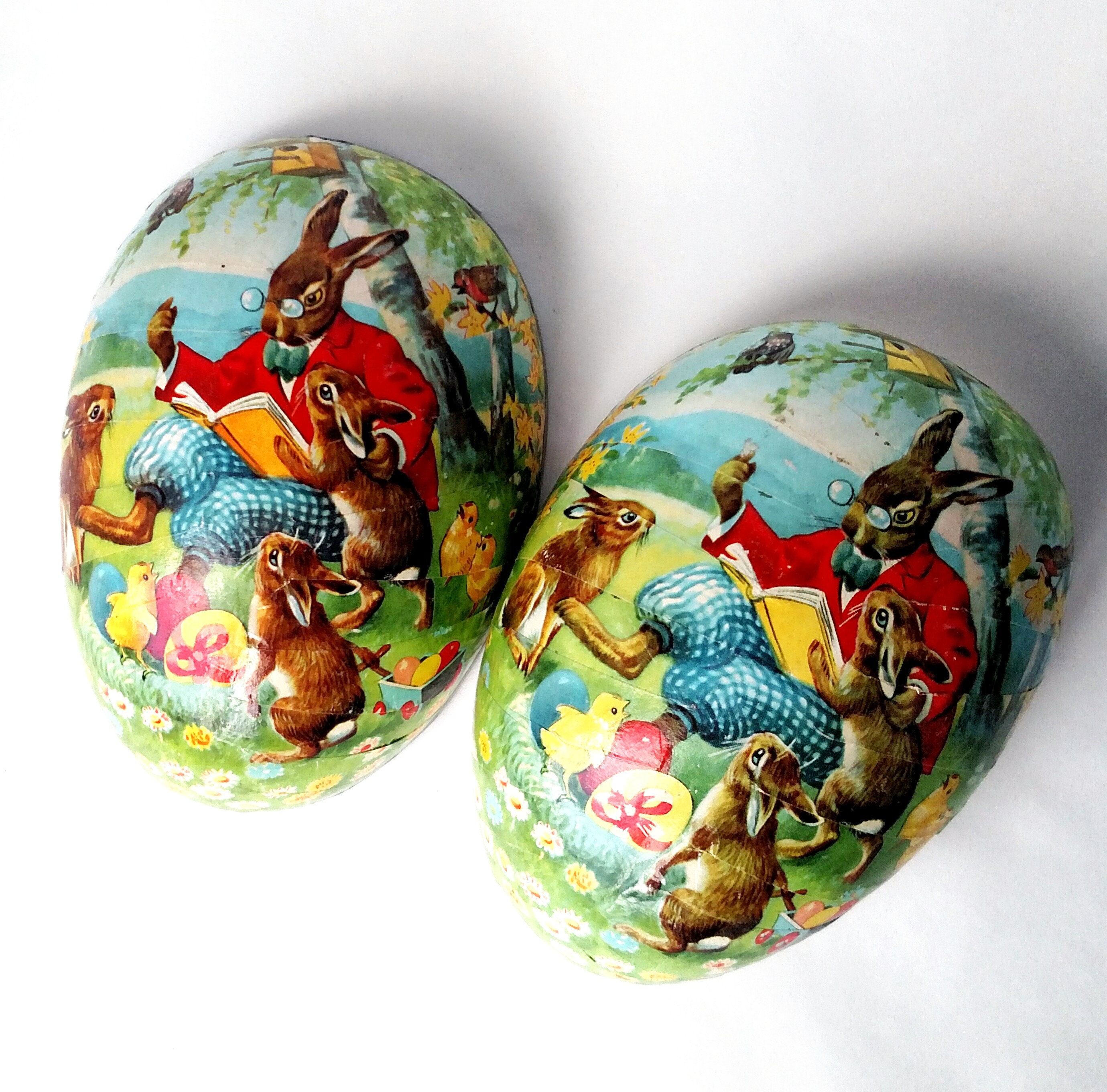 Vintage Paper Mache Easter Egg Box with Daddy Bunny Reading to Baby Bunnies