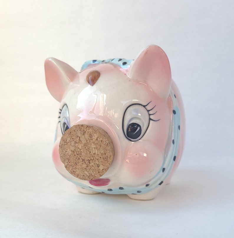 Vintage Cork Nose Piggy Bank in Pink and Blue Kitschy Cute / Kitschy Piggy Bank / Vintage Kitsch / Vintage Piggy Bank image 2
