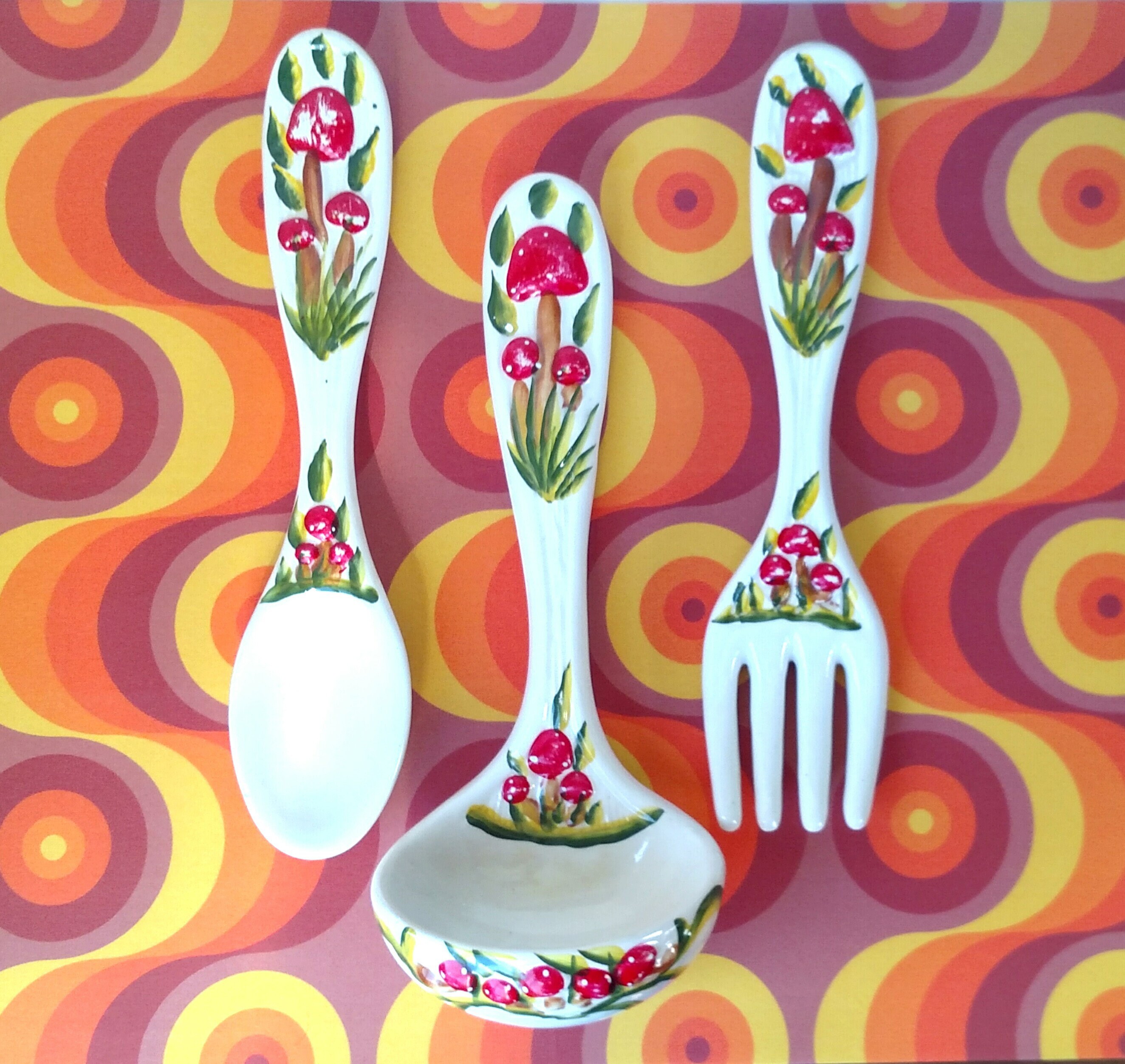 Set of 3 Vintage Giant Ceramic Wall Flatware with Mushroom Design