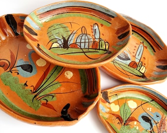 Set of 4 Vintage Painted Terracotta Pottery Cazuela Dishes from Mexico