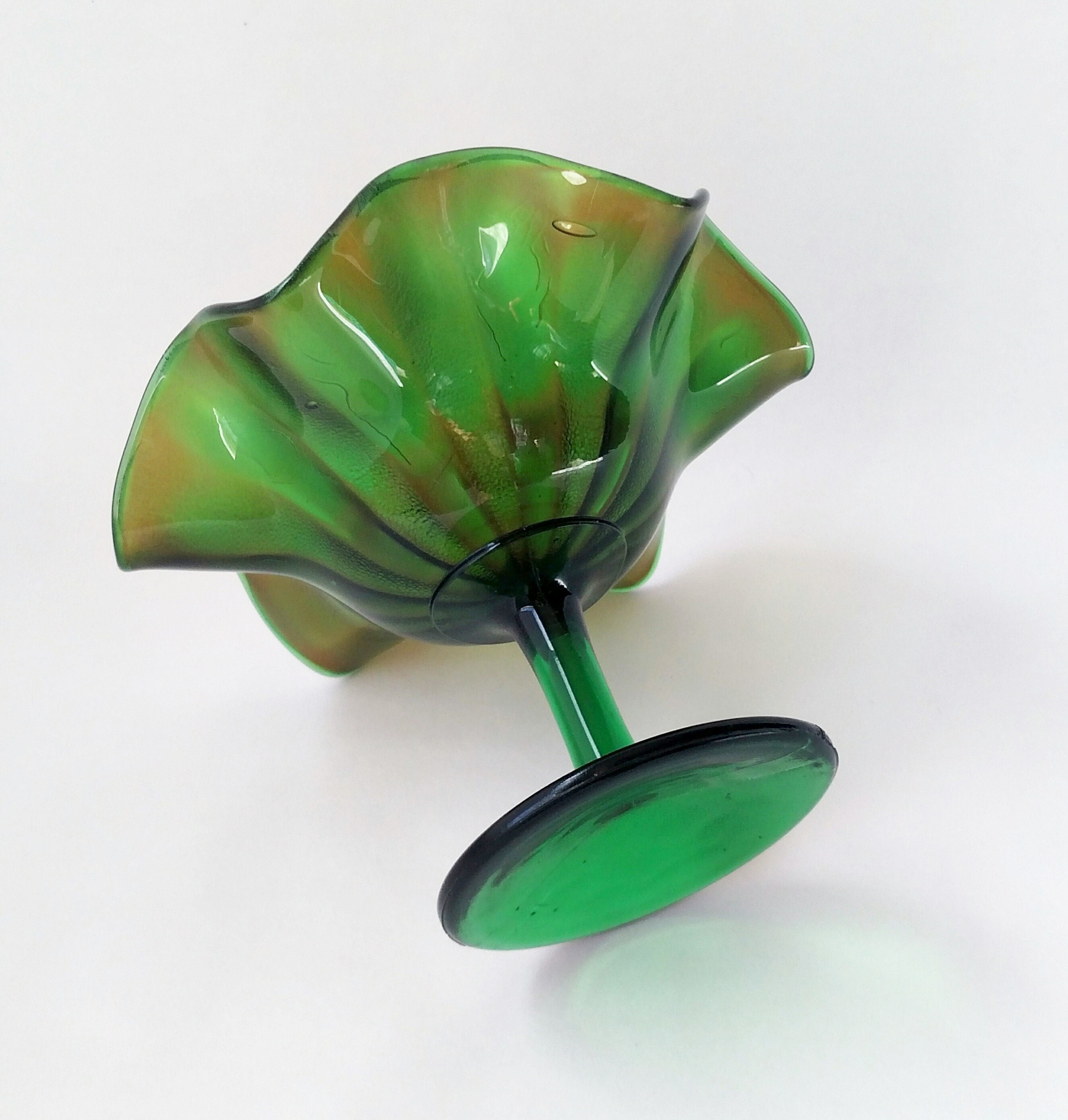 Vintage Green Carnival Glass Ruffled Edge Pedestal Bowl