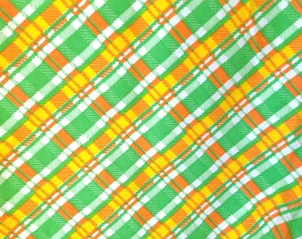 Vintage Vibrant Green and Orange Plaid Curtain Panel with Grommets - 85 x 70 Inches - Seventies Curtain / Sixties Curtain / Vintage Curtain