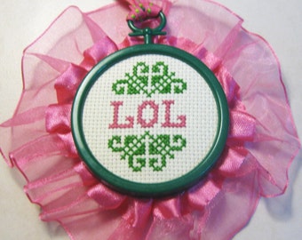 LOL - Pink and Green Mini Cross Stitch Ornament - LOL Ornament / Teen Gift / Cross Stitch Ornament / Cross Stitch Ornament / LOL Christmas