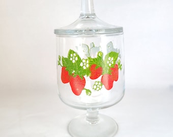 Vintage Glass Strawberry Pedestal Jar with Lid - Carlton Glass
