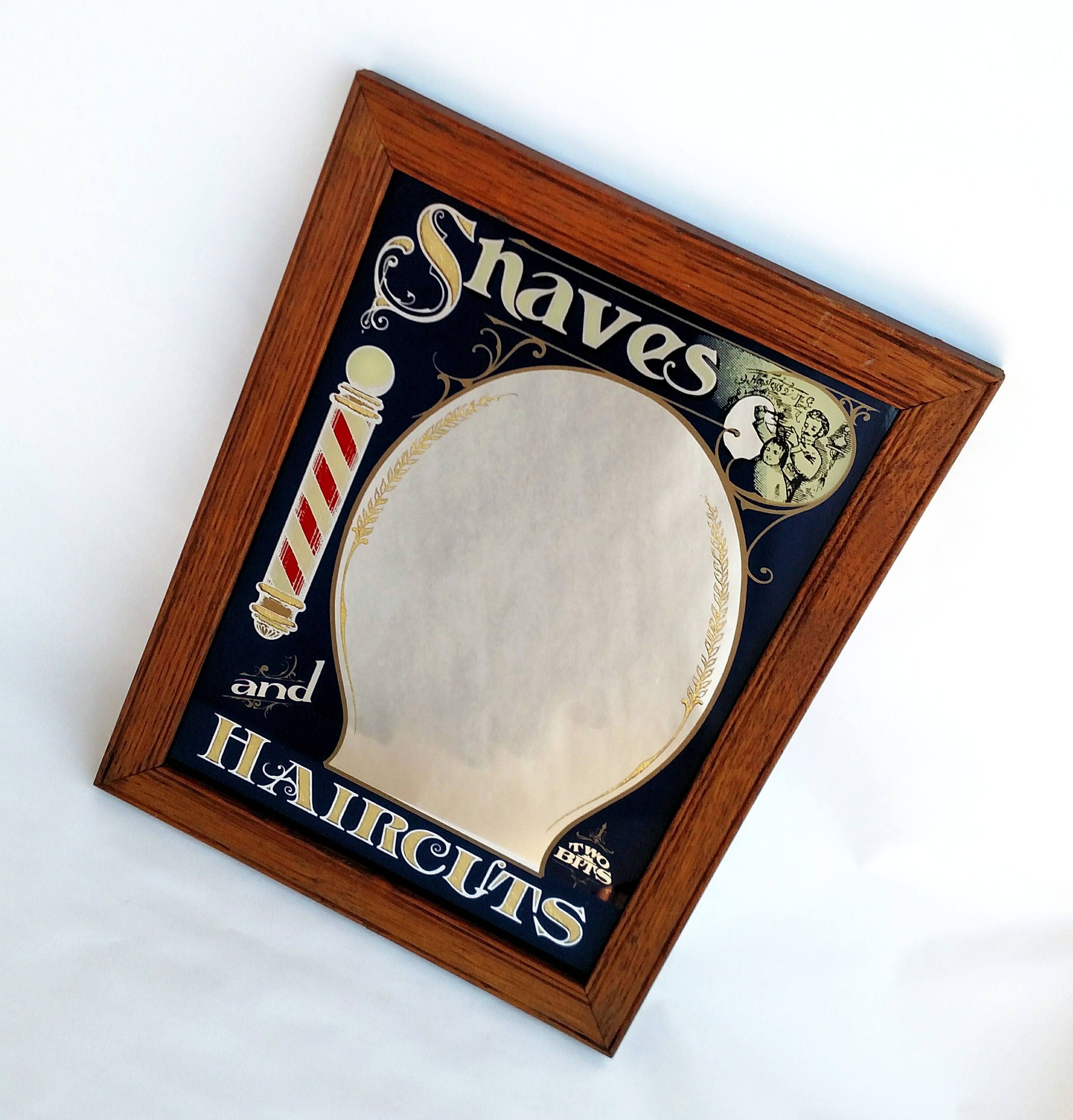Vintage Old Timey Barber Mirror Shaves and Haircuts Two Bits by The