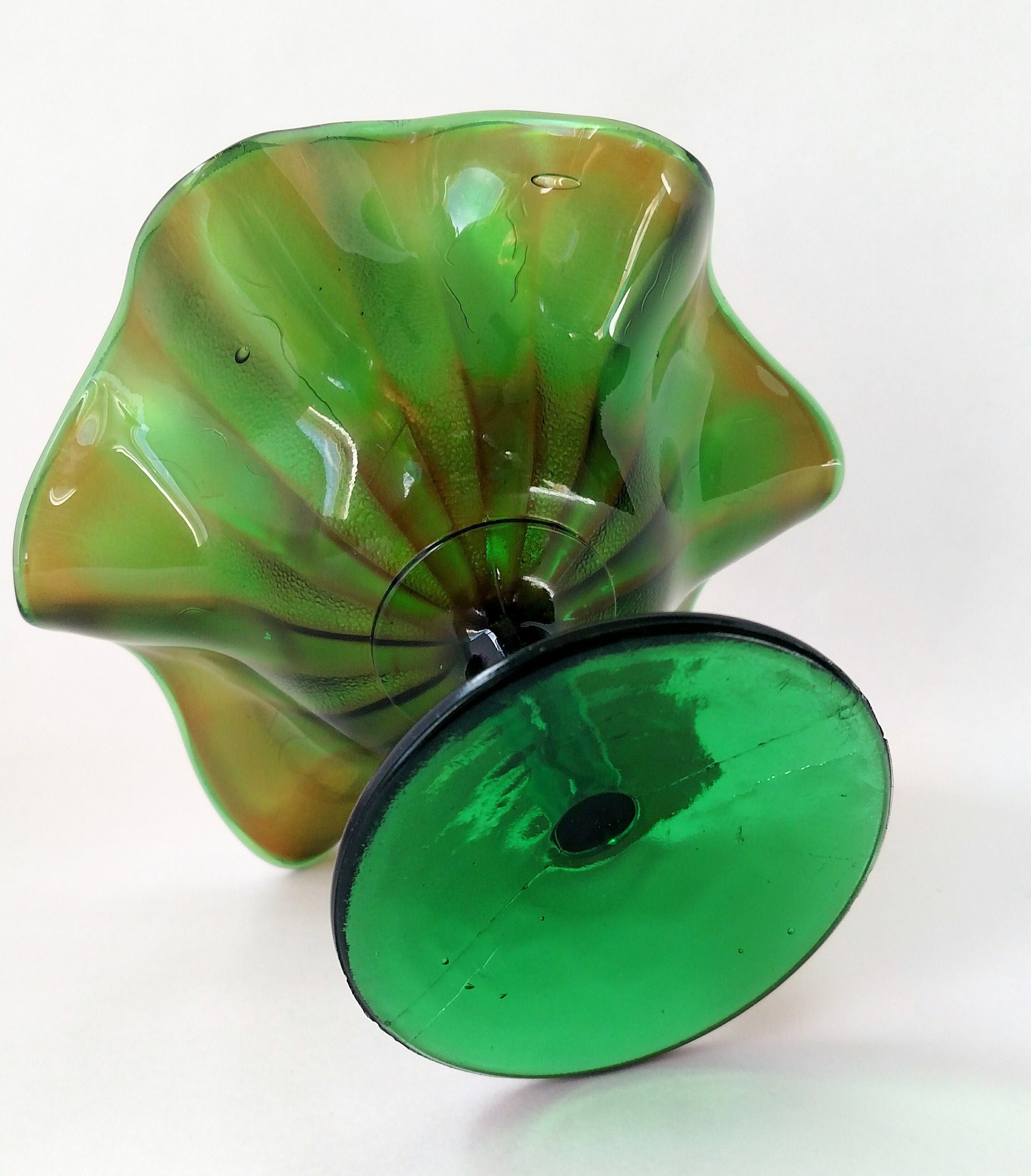 Vintage Green Carnival Glass Ruffled Edge Pedestal Bowl