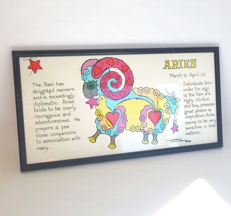 Vintage 1968 Framed Margot Johnson Aries Zodiac Print Vintage Zodiac Art / Aries Art / Sixties Zodiac image 1