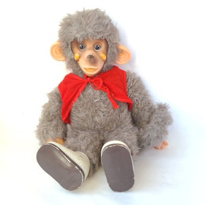 Vintage Plastic Face Furry Monkey Plush with Sneakers Made in Japan 15 Inches / Rubber Face Plush / Vintage Plush Monkey / Kitschy Cute image 2