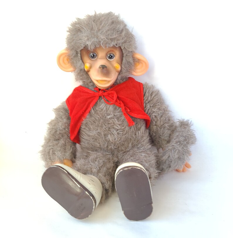 Vintage Plastic Face Furry Monkey Plush with Sneakers Made in Japan 15 Inches / Rubber Face Plush / Vintage Plush Monkey / Kitschy Cute image 2