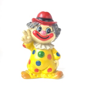 1970's Plastic Clown Coin Bank - Vintage Seventies Kitschy Cute Piggy Bank