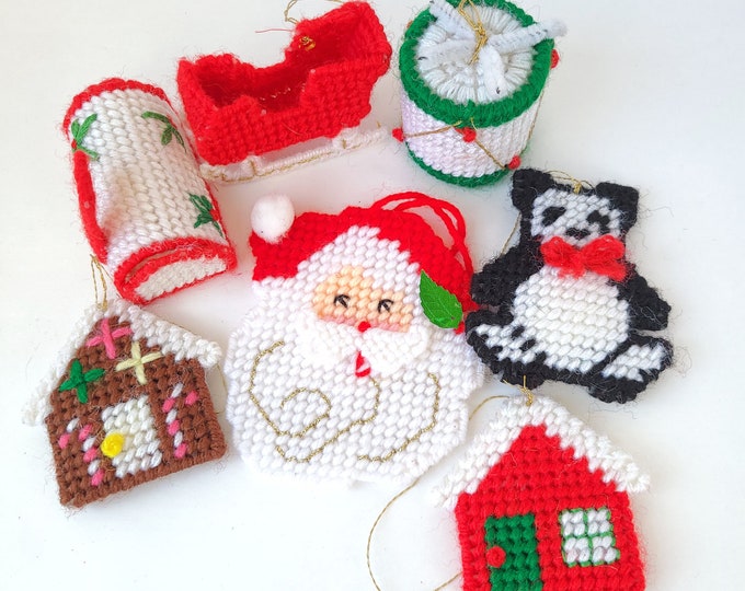 Set of 7 Vintage Plastic Canvas Needlepoint Christmas Ornaments Vintage