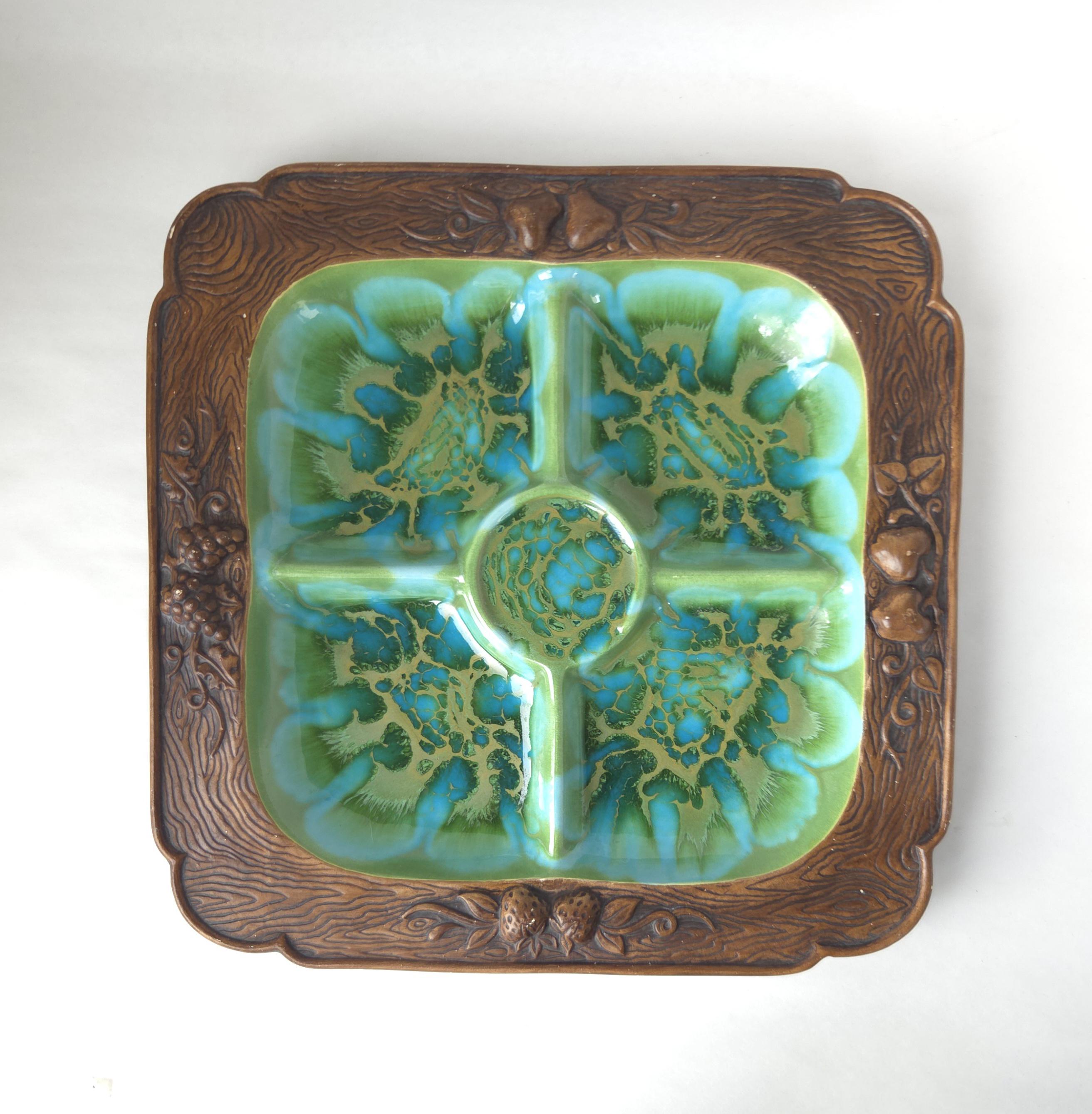 1960's Treasure Craft 4 Section Tray in Turquoise and Green